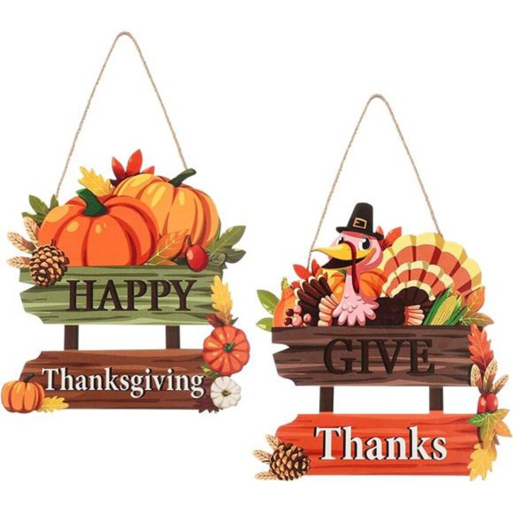 2 Pieces Give Thanks Wood Sign and Happy Thanksgiving Door Sign - Pumpkin Front